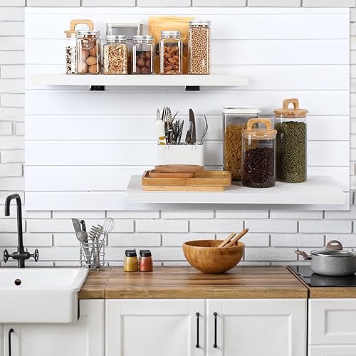 Miniatura 6 de Landical Paquete de 4 estantes de madera de pared de listones, estantes blancos con ganchos de metal, juego de accesorios montados para garaje,