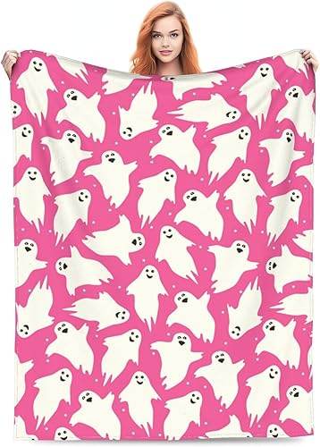 Miniatura 2 de Manta rosa fantasma de Halloween, manta de franela ligera y suave para cama, sofá, sala de estar, automóvil, viajes, mascotas, 50 x 40 pulgadas