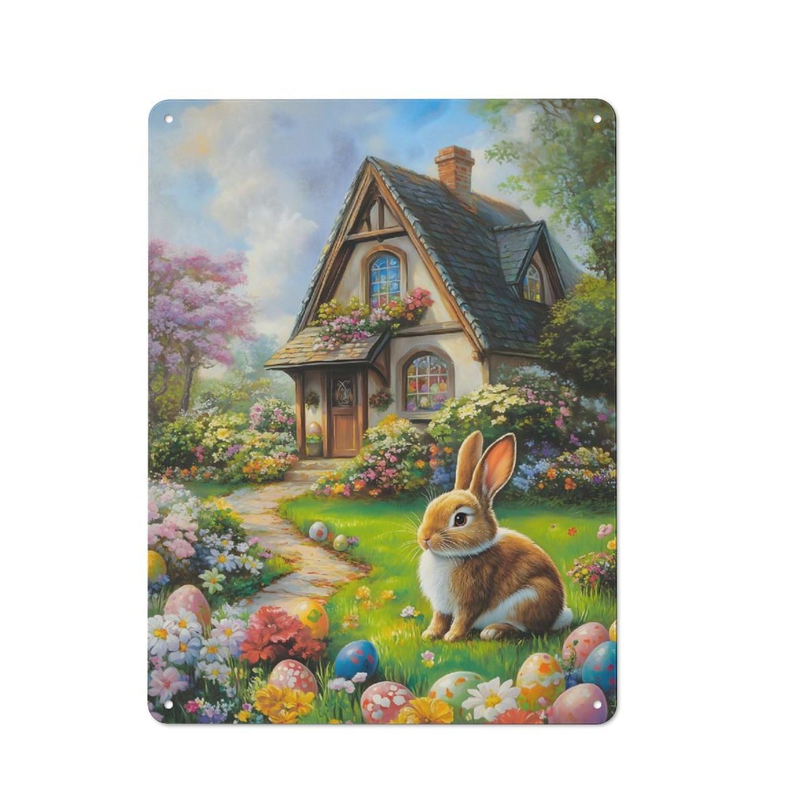 Warehouse Style Cute Easter Bunny Painting Decorative Metal Plaque 40x30cm, Industrial Wall Decor for Loft, Studio, Office Or Creative Room
