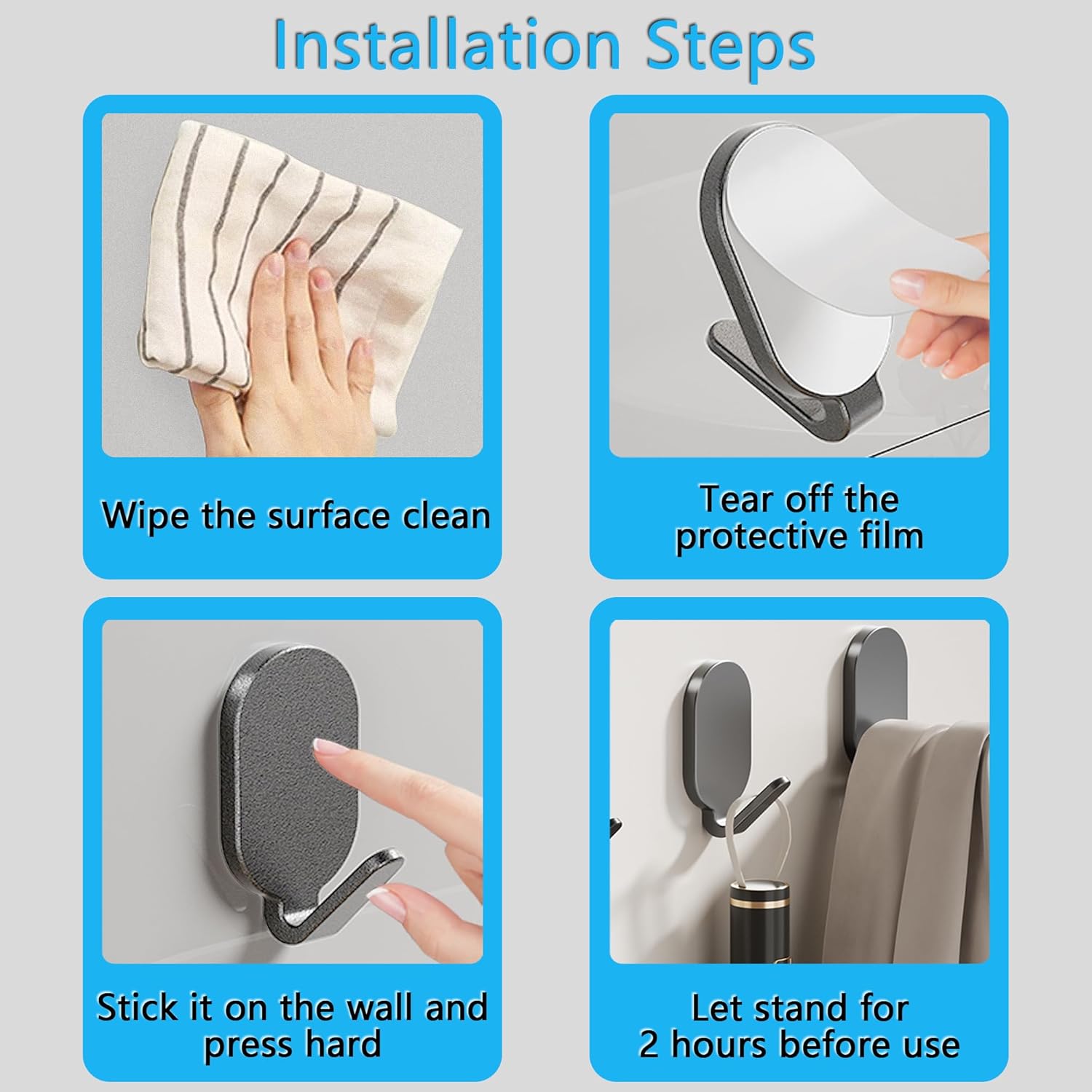 Self-Adhesive Wall Hook, Can Hold Up to 20 Pounds Suitable for Shower Room, Kitchen, Tile, Glass Door - Loofah, Towel, Coat, Bathrobe Hook Waterproof and Rustproof (Gray 4 Pack)