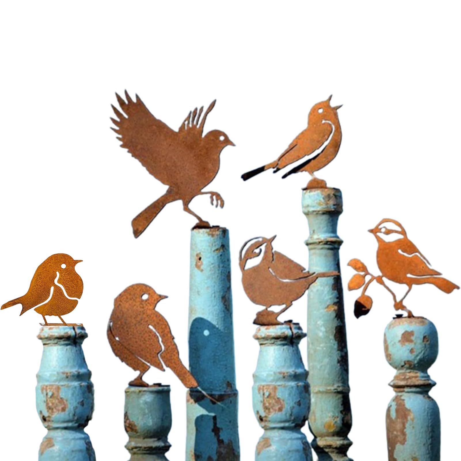 Charming Metal Bird Silhouette Garden Ornaments Rustic Decor 6 Pcs Set