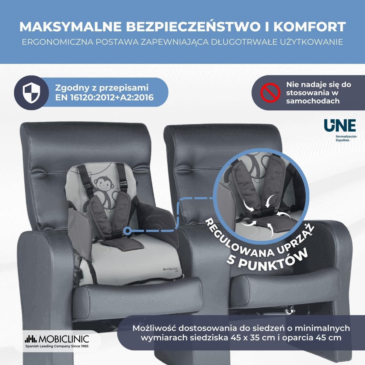 Krzesełko podróżne ze schowkiem | Dla niemowląt | Składane | Z kieszenią i uchwytem | Do 15 kg | Szare | Monkey | Mobiclinic