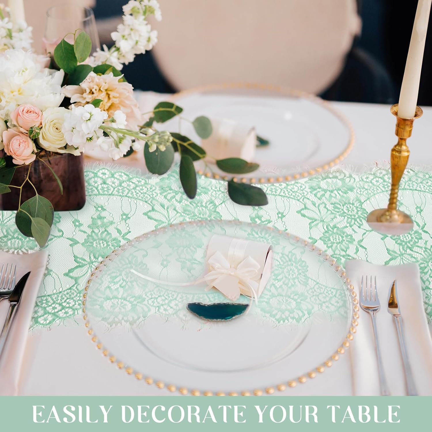 Newwiee 10 Pcs Sage Green Lace Table Runner 14 x 120 Inch Embroidered Floral Table Runner Boho Romantic Gauze TableCloths for Wedding Bridal Shower Birthday Party Decorations