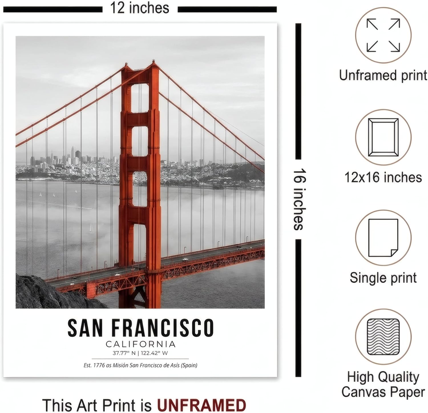 VeroTin San Francisco Canvas Wall Art Posters 12x16 UNFRAMED