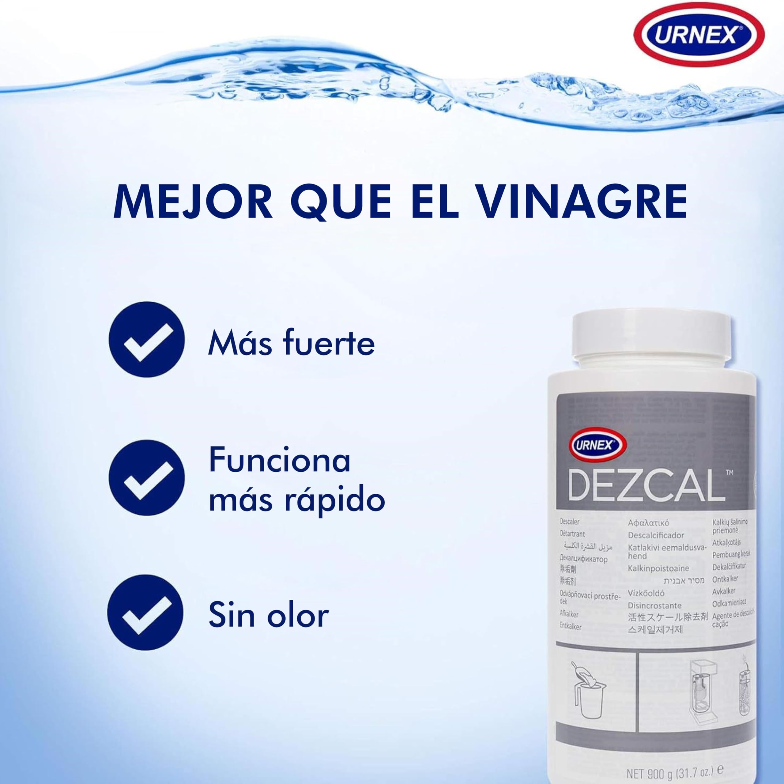 Urnex Dezcal - Polvo Descalcificador para Cafeteras - Elimina la Cal - 900 g - Blanco