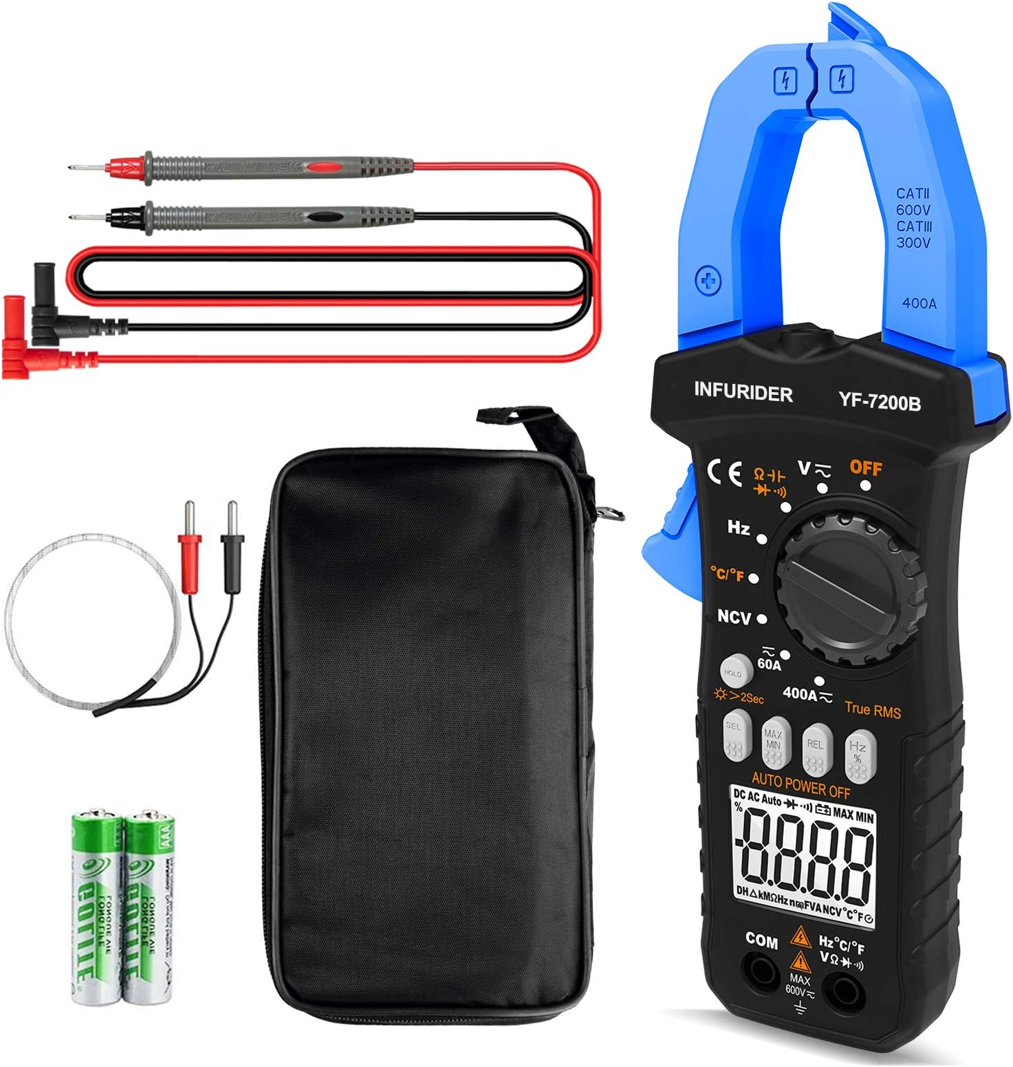Digital Clamp Meter, YF-7200B Multimeter TRMS Auto-Ranging AC DC Volt Amp, Current Clamp for AC DC Voltage, Amp, Ohm, Capacitance, Diode, Continuity Tester and NCV