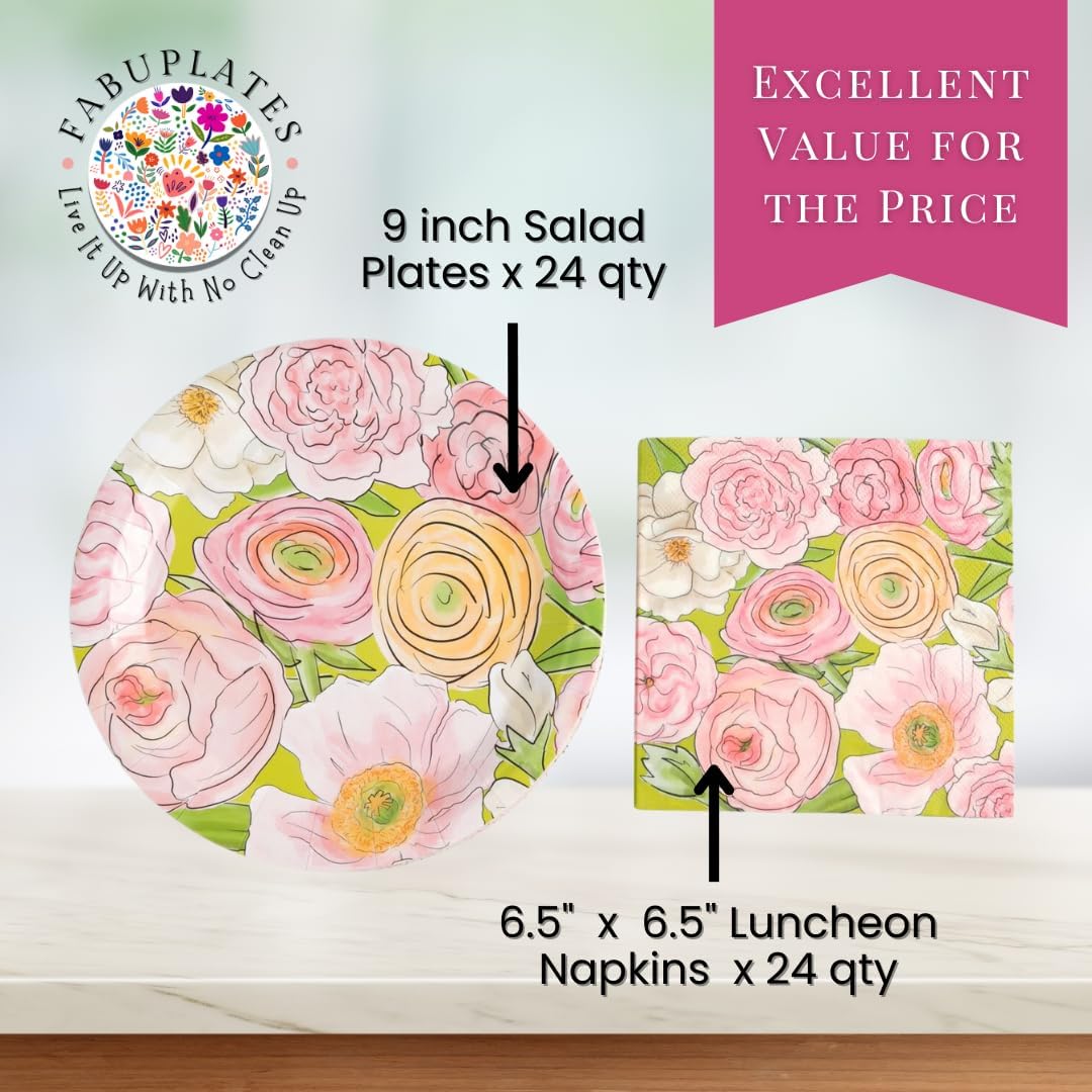 48pc Floral Paper Plates and Napkin Set, Elegant Heavy Duty Disposable Dinnerware for Birthdays, Gender Neutral Baby Showers, Bridal Luncheon, Garden Tea Party, Serves 24 Guests