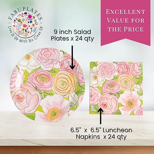 Miniatura 2 de Juego de 48 platos y servilletas de papel floral, elegante vajilla desechable resistente para cumpleaños, baby showers, almuerzo de novia, fiesta de