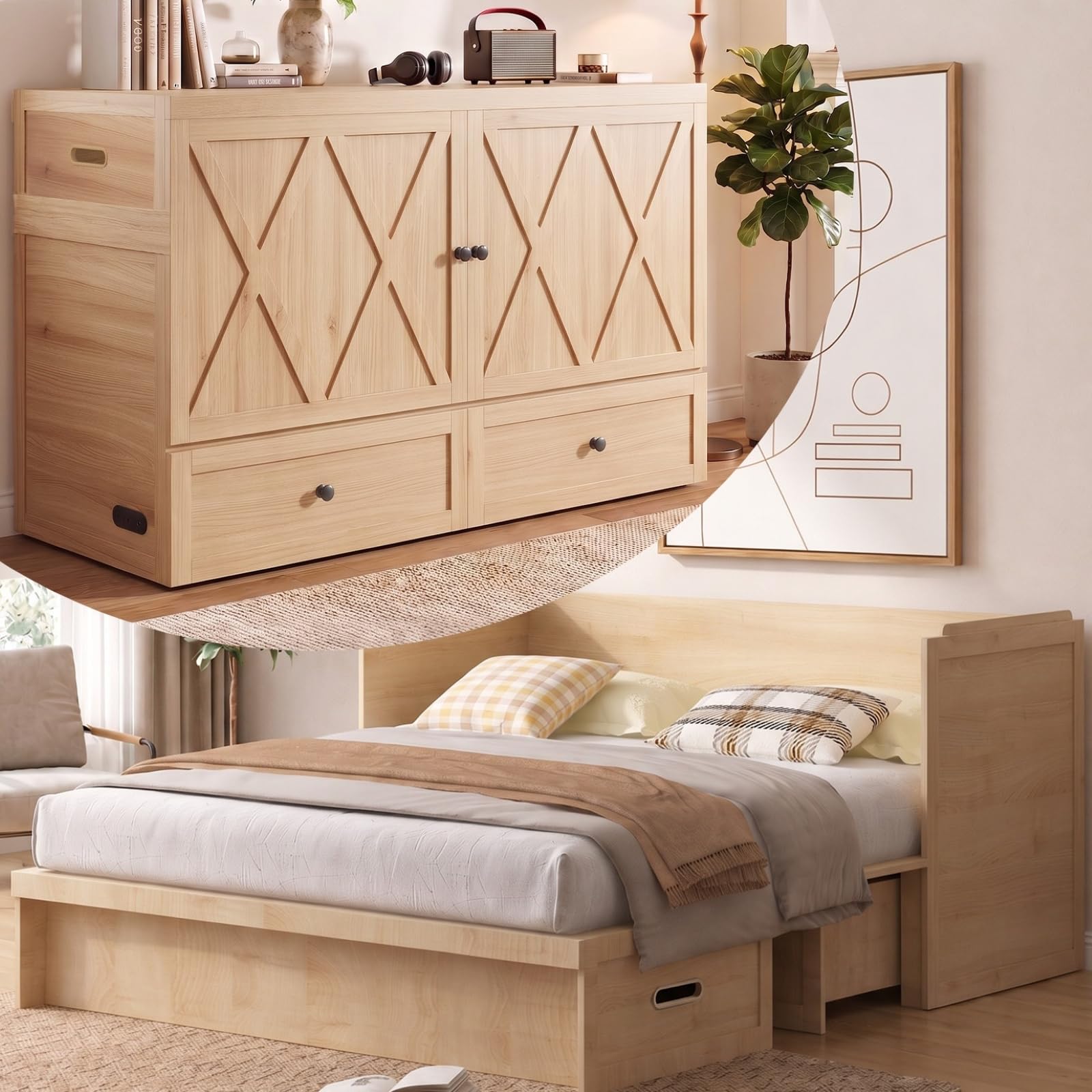 Mjkone Queen Size Murphy Bed with USB Charging and 2 Storage Drawers