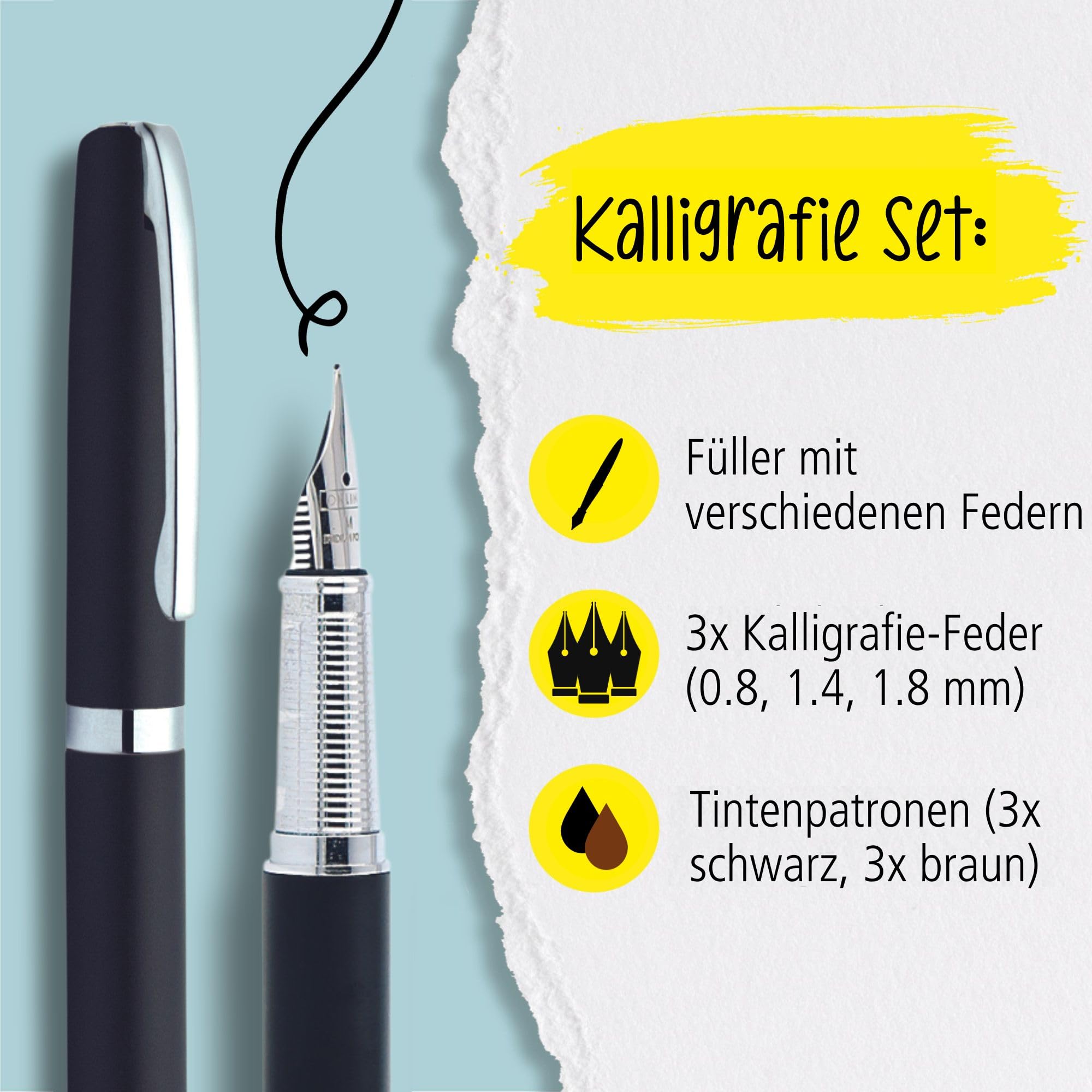 Online Eleganza Kalligrafie Set, Schönschreibfüller mit 3 Federn in den Strichstärken 0,8/1,4/1,8 mm, Kalligrafie Füller Geschenkset, inklusive Tintenpatronen schwarz/braun, Geschenkverpackt