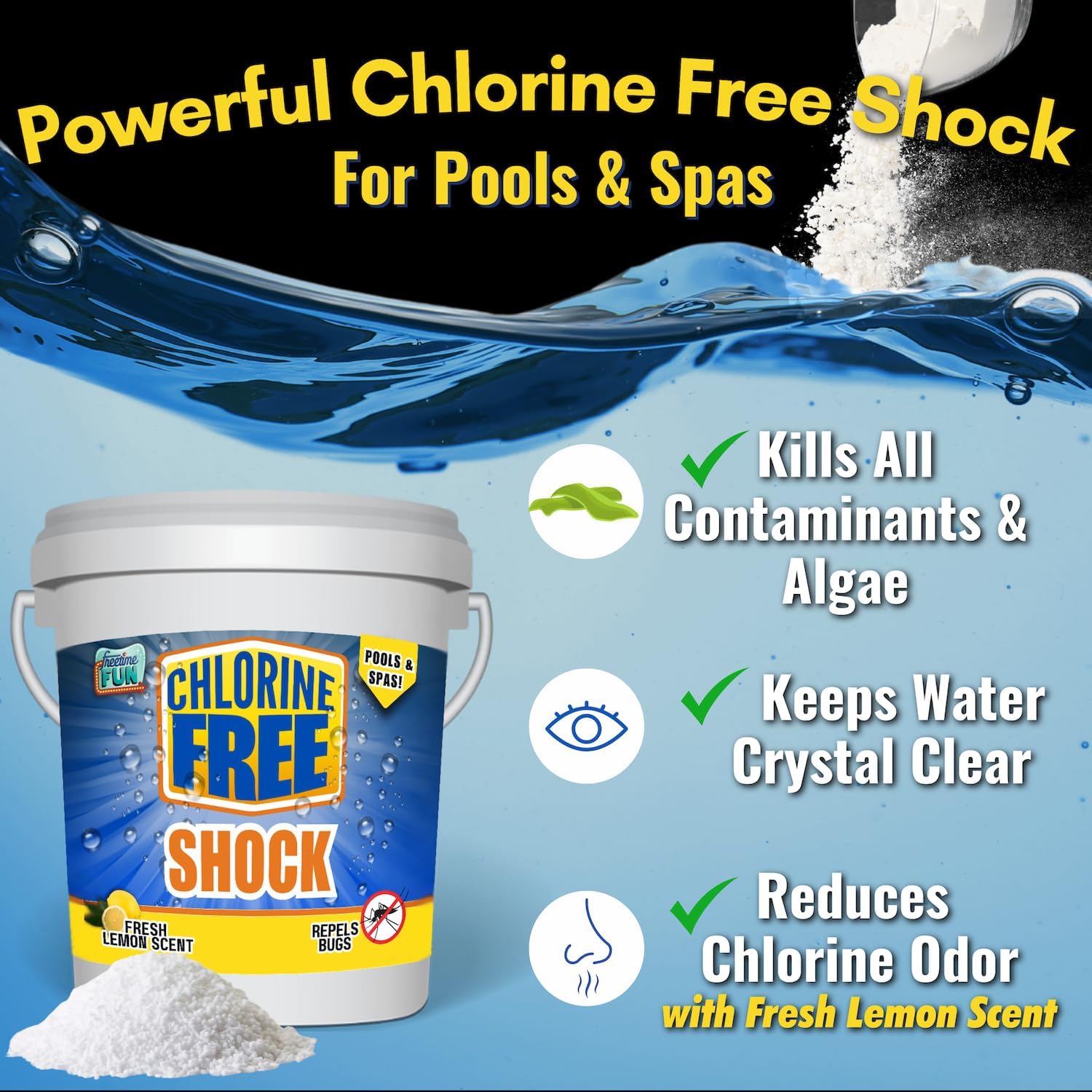 Chlorine Free Pool Shock Fast Acting, Quick Dissolving Shock for Pools & Spas. Clarifies & Santizes as it Repel Bugs Fresh Lemon Scent Reduces Harsh Chlorine Usage (10 LBS)