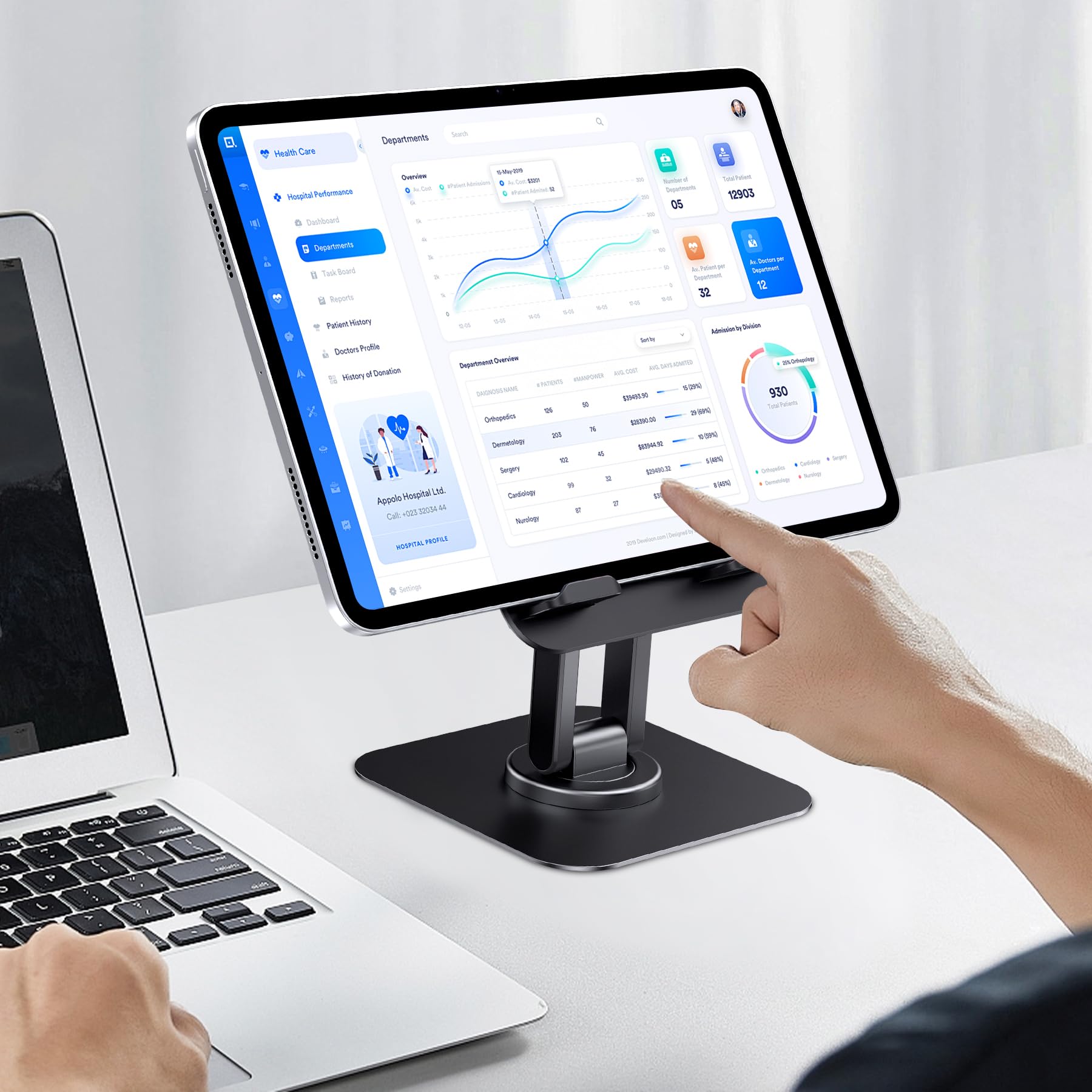 Stojak na iPada obracający się o 360, regulowany stojak na monitor na biurko przenośny do biura kompatybilny z iPadem Pro 10,5, 11, 13, Air Mini 2, 3, 4, 5, 6, Samsung Tab lub telefonami