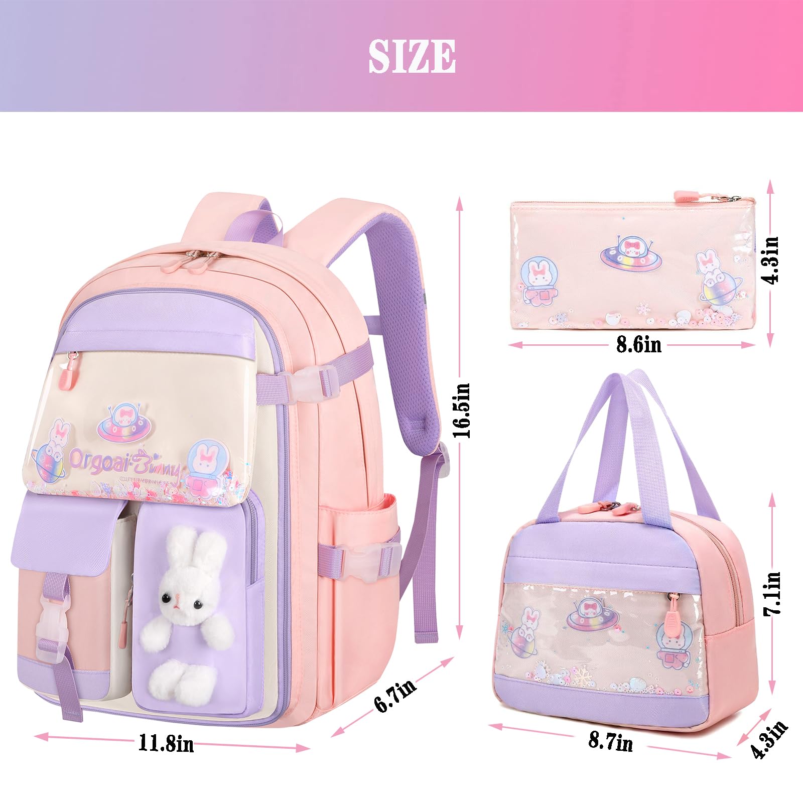 KBGPW 3pcs Girls Backpack With Lunch Box & Pencil Case,Cute Rabbit Kids School Backpack Set For Kindergarten & Elementary School (Style A Pink-16.5in)