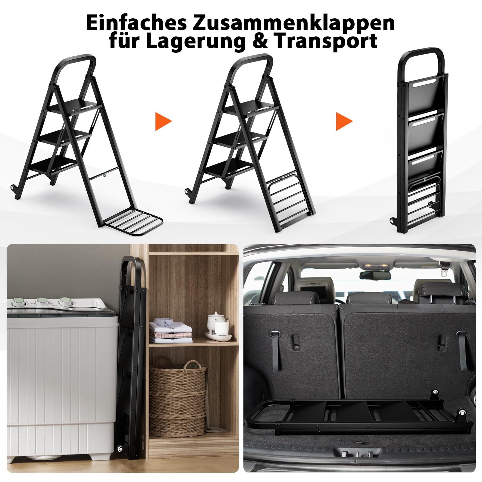 GYMAX 2 in 1 Sackkarre & Leiter klappbar, 3-Stufen Trittleiter aus Metall bis 200kg belastbar, Sackkarre mit Gummirädern, Griff & bis 250kg belastbar, Transportkarre für Garage & Zuhause