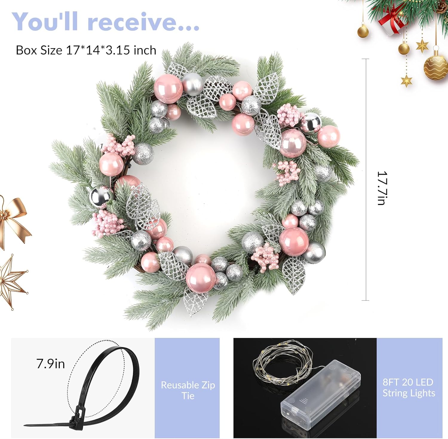 18 Inch DIY LED Lighted Christmas Wreath, Flocked Greenery Door Wreath with Pink Silver Ornaments Bows, Battery Powered for Front Door, Indoor Wall Fireplace Mantel Holiday Decor​
