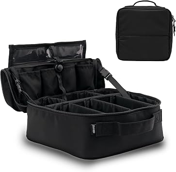 Travel Makeup Bag with Brush Compartment, Cosmetic Organizer with Adjustable Dividers, Wide-Open Design, Portable Makeup Case with Handle and Luggage Strap for Women, Black