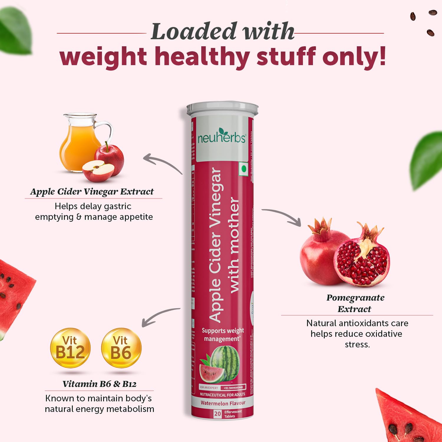 Neuherbs Apple Cider Vinegar with Mother Effervescent Tablet | Weight Loss Supplement with Vitamin B6 & B12 | Zero Added Sugar | Easy To Carry & Consume| For Men & Wome | 20 Tablets,Watermelon Flavour