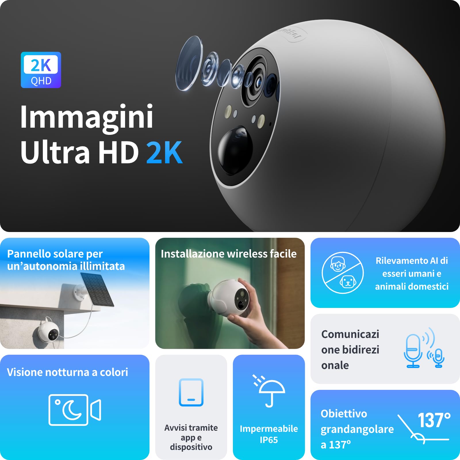SwitchBot Kit di telecamera di sicurezza wireless, telecamera esterna 2K con pannello solare, sorveglianza continua per la sicurezza della casa, visione notturna a colori, rilevamento AI di movimento