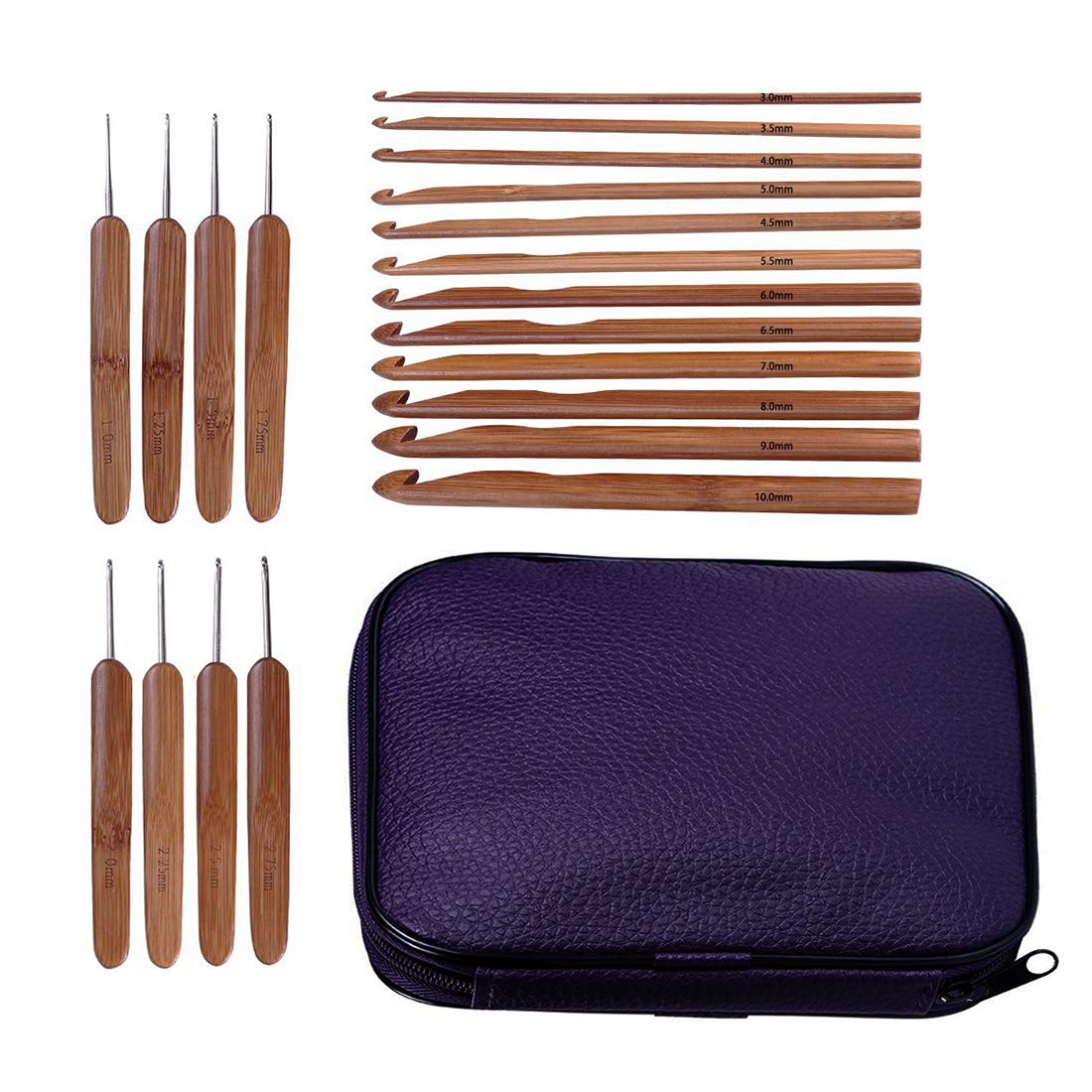 JISTL Crochet Hooks Set,Bamboo&Wooden Crochet Hooks,Eye Blunt Needles Crochet Needles Set with Case,Ergonomic Handle Colorful Plastic Handles Knitting Needles Weave Yarn Case 20