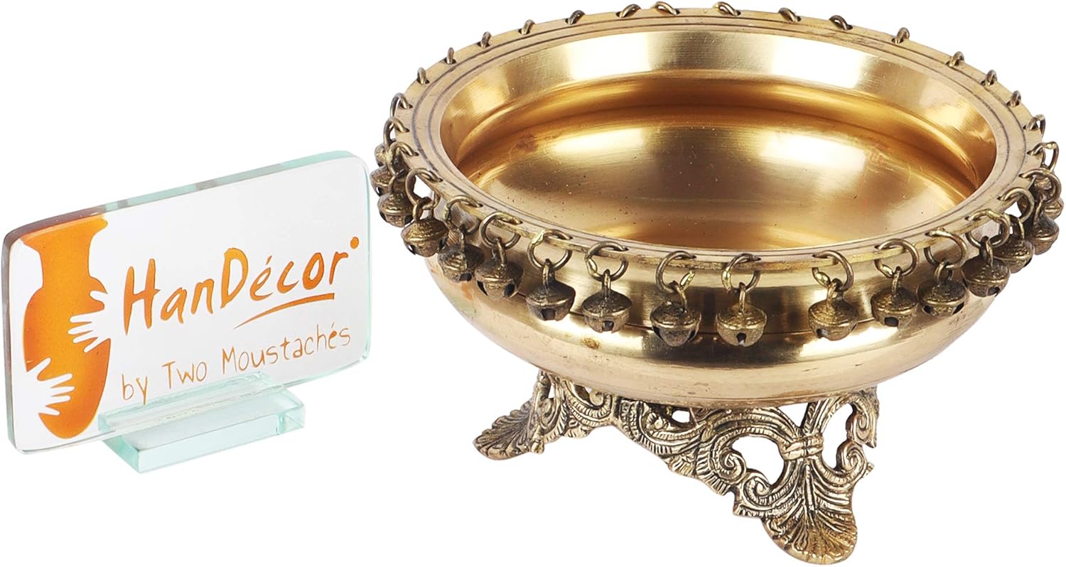 Two Moustaches Brass 8 Inch Urli Bowl on Ethnic Carved Legs, Decorative Bowl for Home Decor, Floating Flowers, Gifts for Housewarming, Pack of 1