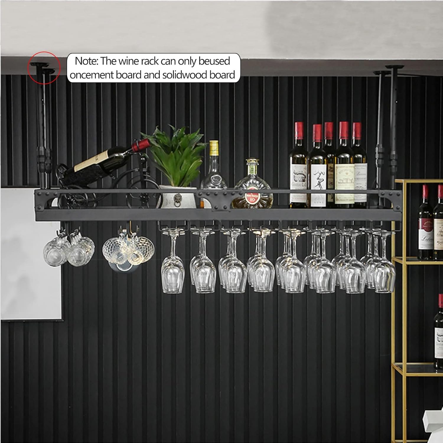 Adjustable Hanging Wine Glass Rack with Stemware Glass Shelf for Kitchens Upside Down Wine Cups Holder and Bottle Rack for Storage Ceiling Mount Wine Bottle Racks (80x25x