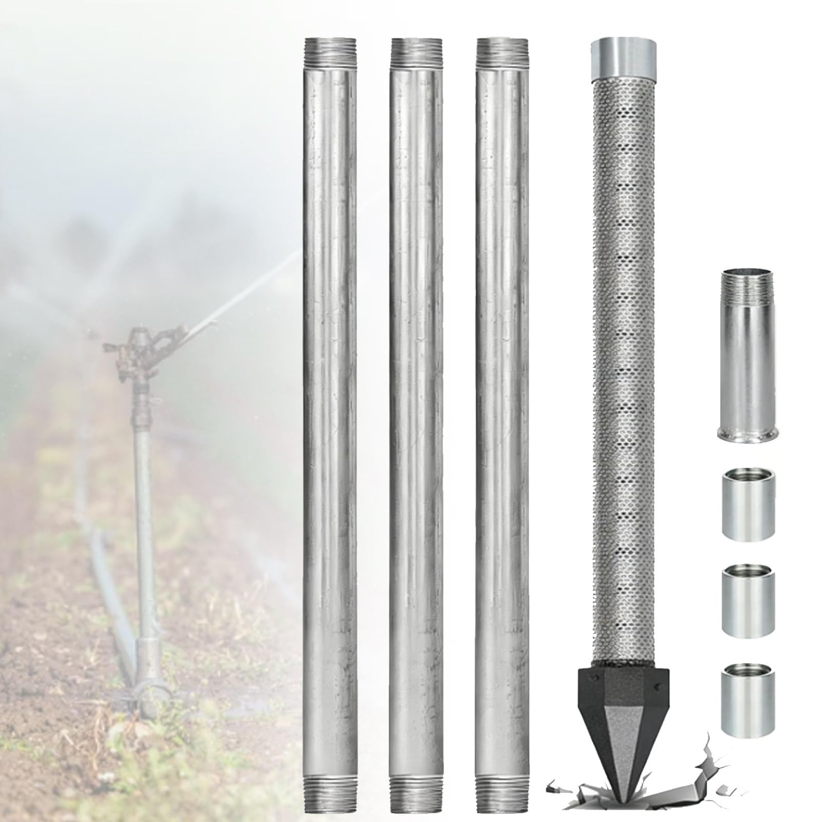 ZyKnaurral Self-sufficient DIY Driven Point Well Kit，with 1-1/4" x 36" Water Well Drilling Point, Galvanized Drive Pipes, Couplings and 60 Gauze Mesh Screen to Clean Water 4M-NoWaterPump