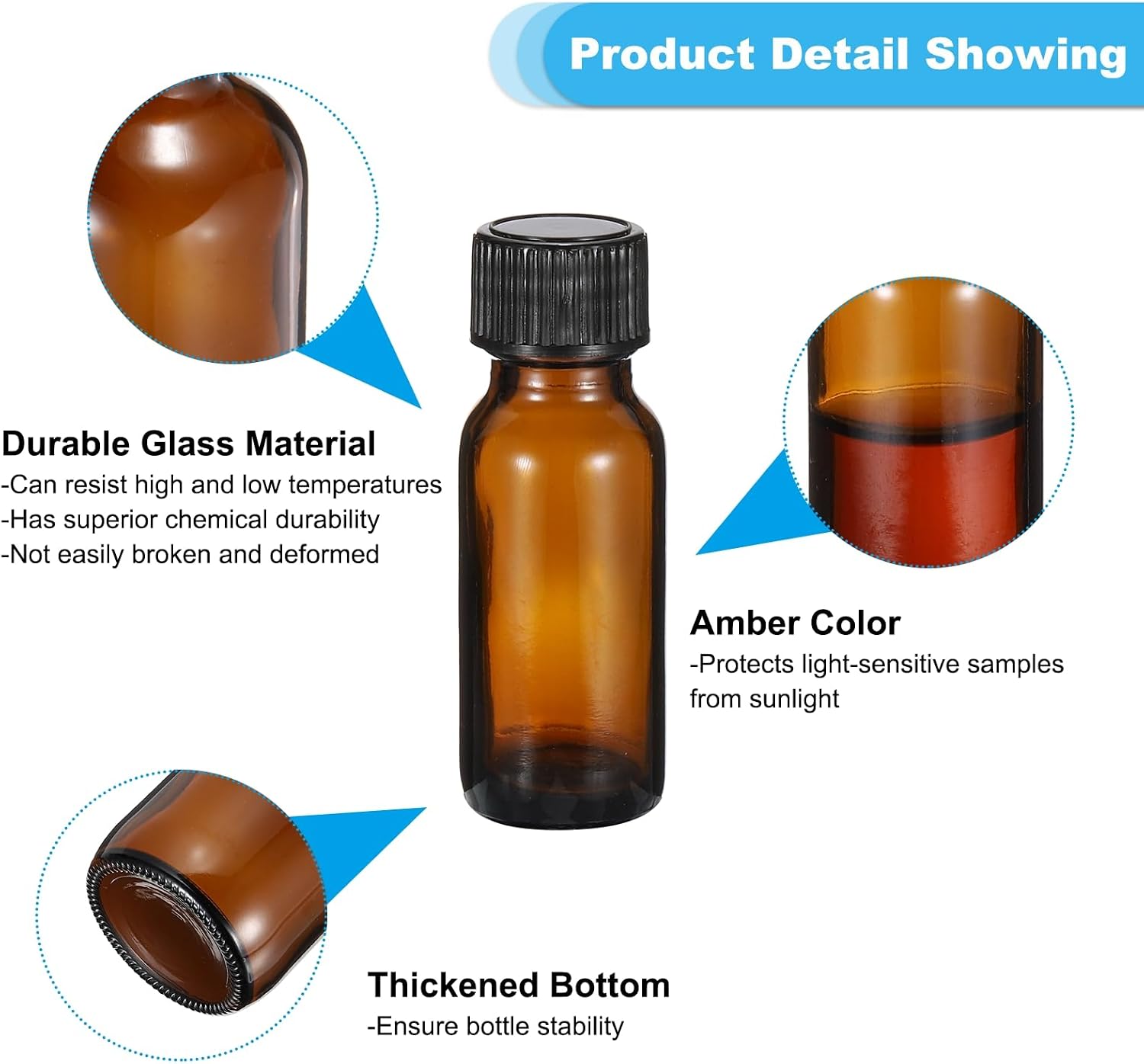 PATIKIL 0.5oz(15ml) Glass Sample Bottles, 24Pcs Round Bottle Dispensing Bottles with Black Poly Cone Cap for Reagent Liquids, Essential Oils, Perfume, Amber image 3