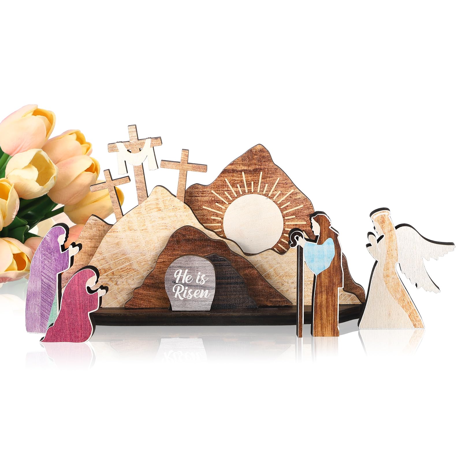 Lineshading Easter Scene Wooden Decoration Easter Resurrection Scene Set Decor Religious Nativity Christian He Is Risen Cross Figurine Table Ornament for Home Office Decoration Gift