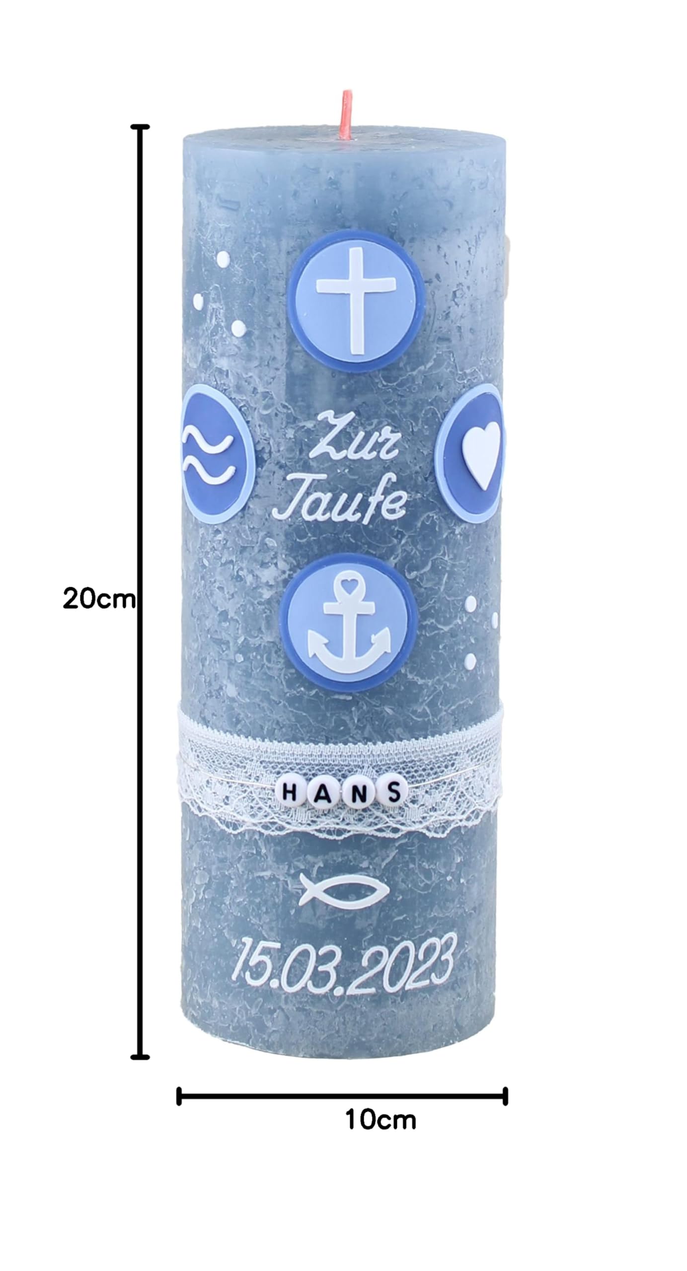 Taufkerze Rustik HANS Junge oder Mädchen mit Name und Datum, individuell und handverziert 1765