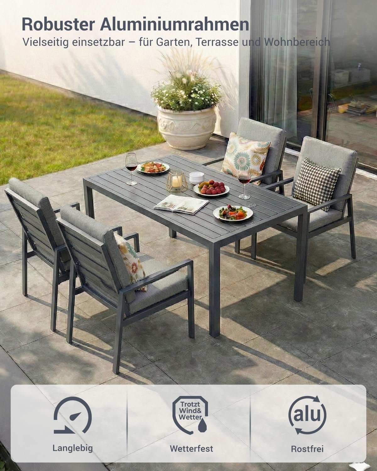 Atenza Gartenmöbel Set 5-teilig wetterfest, Tisch 140x80 cm, 4 Stühle | Rostfreies Aluminiumgestell, WPC-Tischplatte, breite Sitz- und Rückenkissen, Outdoor Essgruppe für Terrasse & Garten