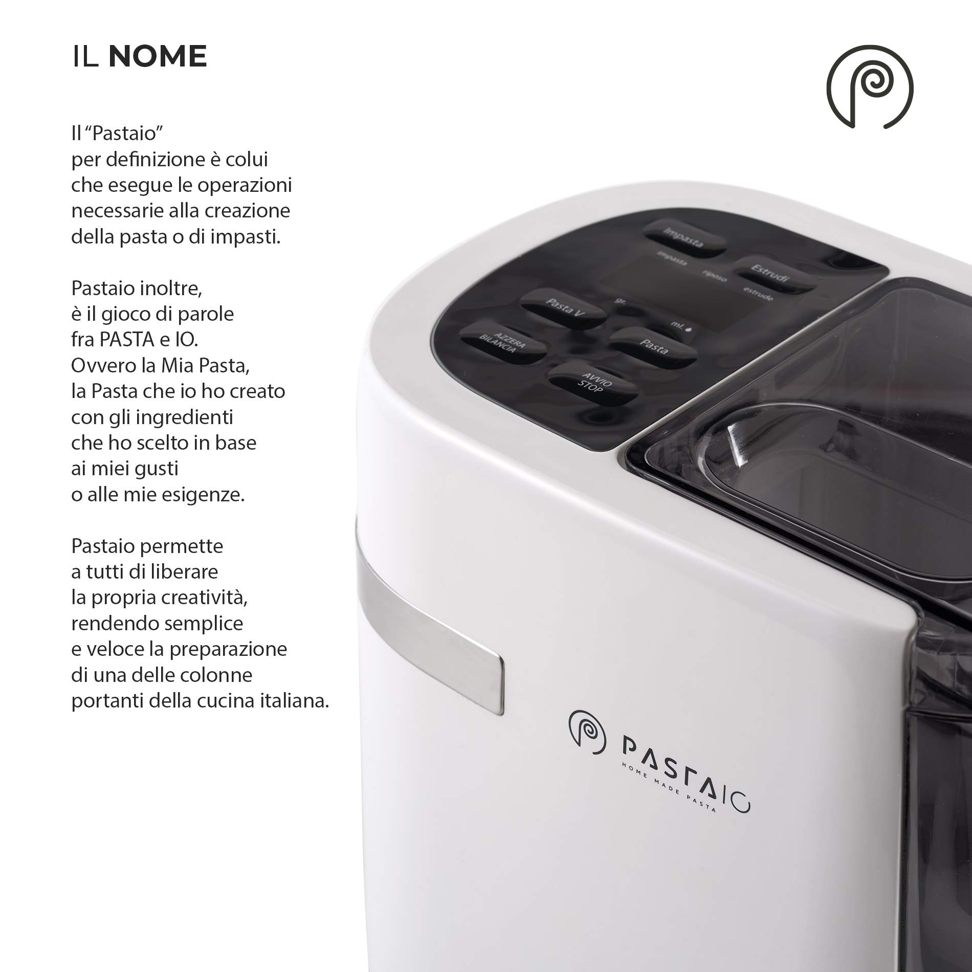 PASTAIO | Máquina de Pasta Fresca de Doble Extrusión. Pasta Maker, hasta 800 g de pasta, pesaje automático, 11 estirado incluido para 15 tipos de pasta, 180 W