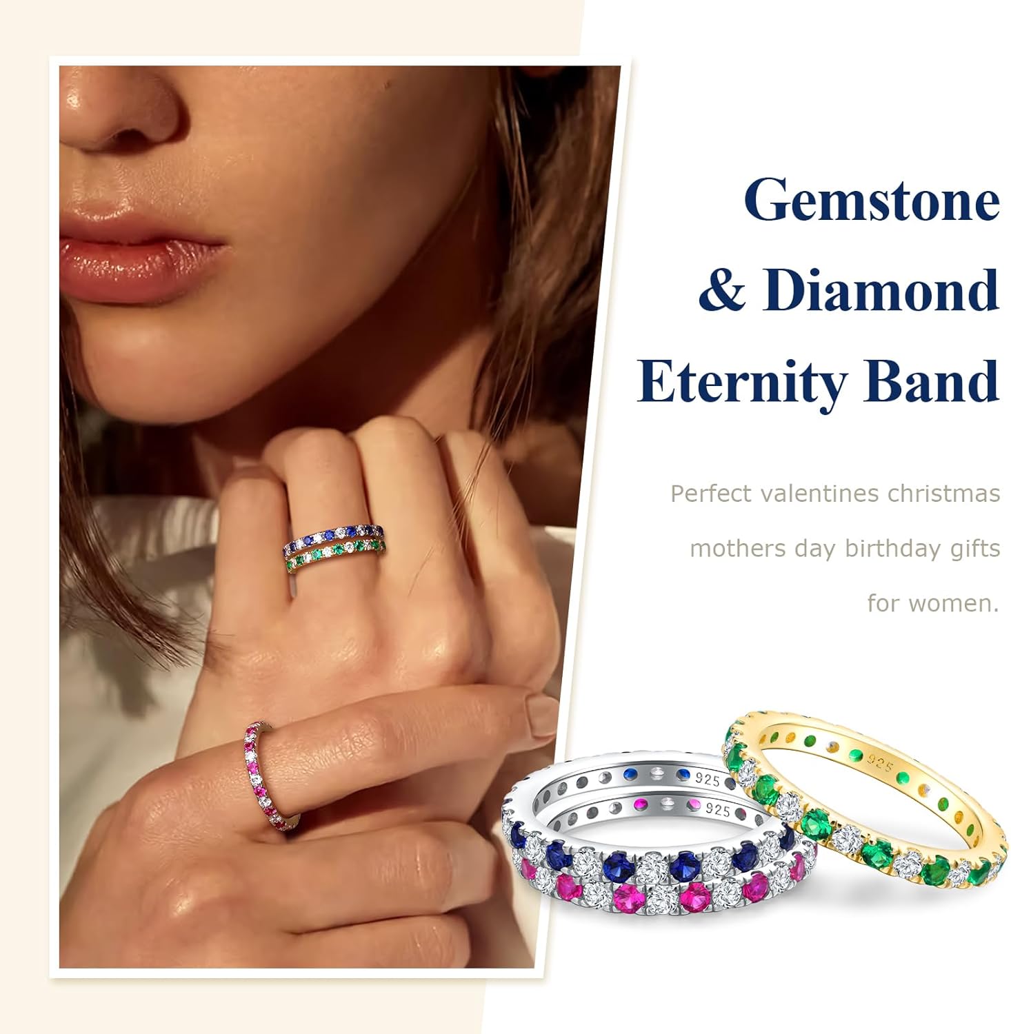 Full Eternity Band 2.4mm Wide Sterling Silver or Gold Color Stackable Birthstone and CZ Anniversary Bands Wedding Ring for Men Women, Comfort fit and Hypoallergenic