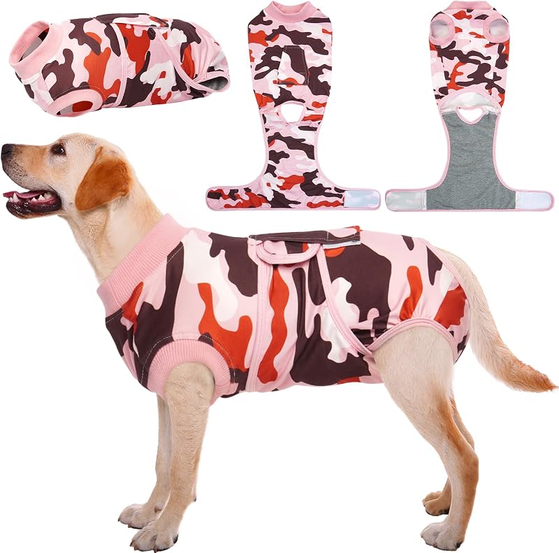 Roupa de Recuperação Kuoser para Cães e Gatos, 95% Algodão e 5% Spandex, Rosa Camuflado, XL