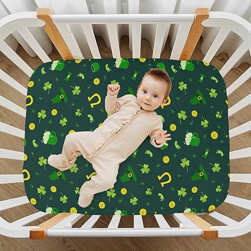 Miniatura 7 de Kigai Sábana bajera ajustable para cuna para niños y niñas, sábana de punto de jersey de trébol del día de San Patricio para colchones estándar de