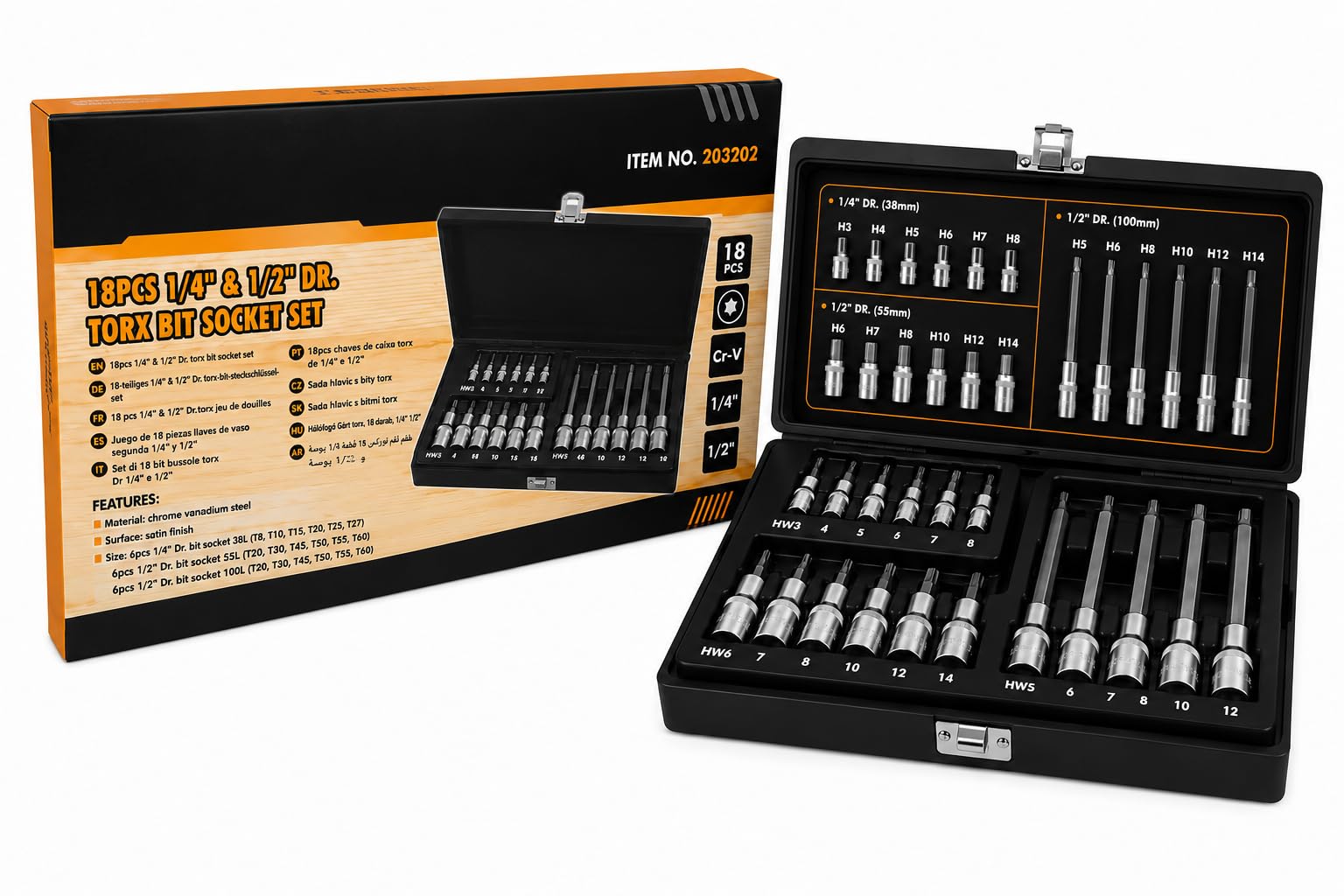 Lot de 18 douilles Torx mâles 1/4" et 1/2" Drive | Acier chrome vanadium Cr-V | Embouts Torx T8-T60 avec mallette professionnelle pour voiture, moto et atelier