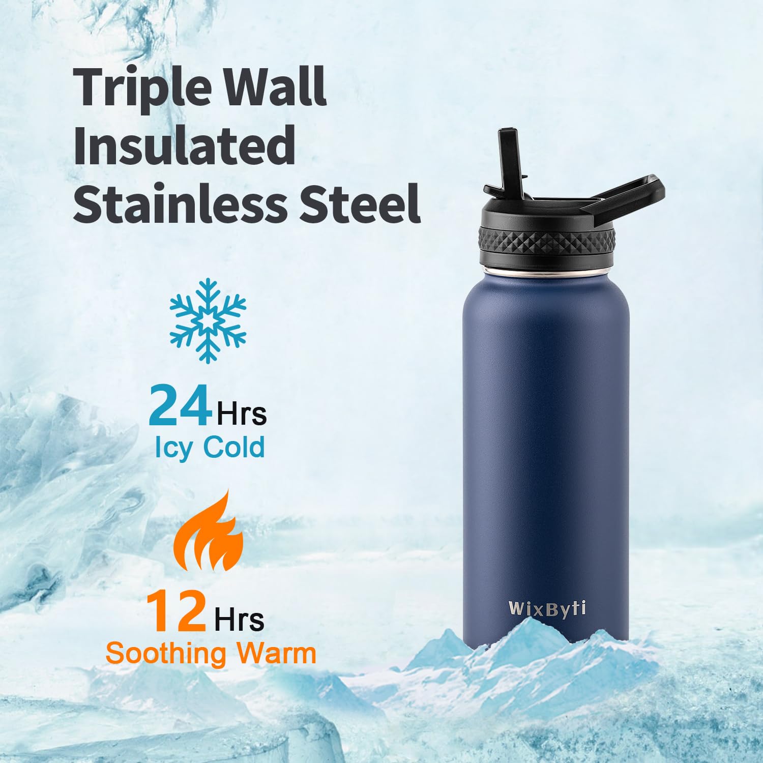 WixByti Isolierte Wasserflasche mit Strohhalm, auslaufsicher, kalt für 24 Stunden | Edelstahl-Isolierflasche, dreiwandig, mit Paracord-Griff, Trinkhalm-Deckel und DIY-Aufklebern