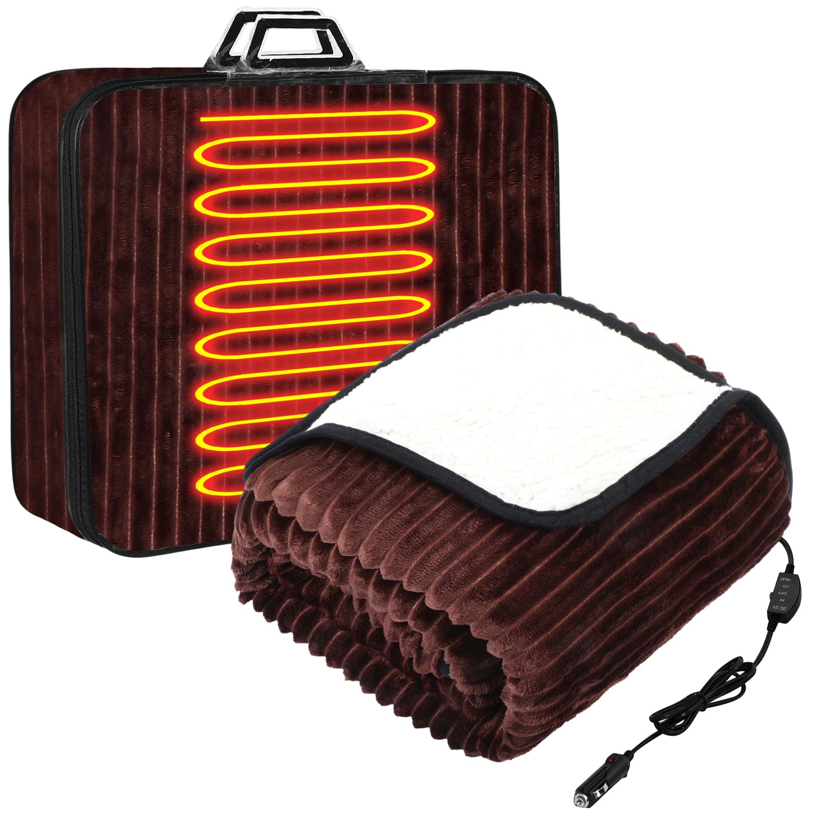 Riakrum 12v Heated Car Blanket 58" x 43", Coffee, Ribbed