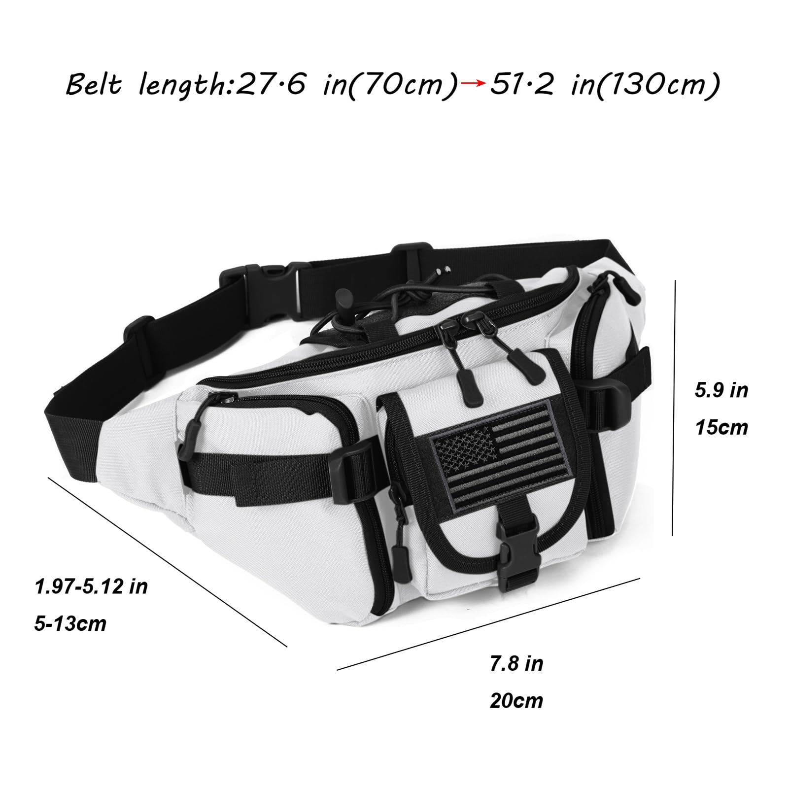 ArcEnCiel Tactical Fanny Pack for Men Waist Bag Hip Belt Outdoor Hiking Fishing Bumbag with Patch?White)