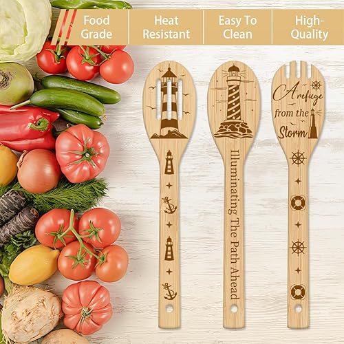 Miniatura 4 de GLOBLELAND Juego de 6 cucharas de cocina de bambú de faro de verano, gaviota, juego de cucharas de cocina grabadas de madera, juego de espátulas de