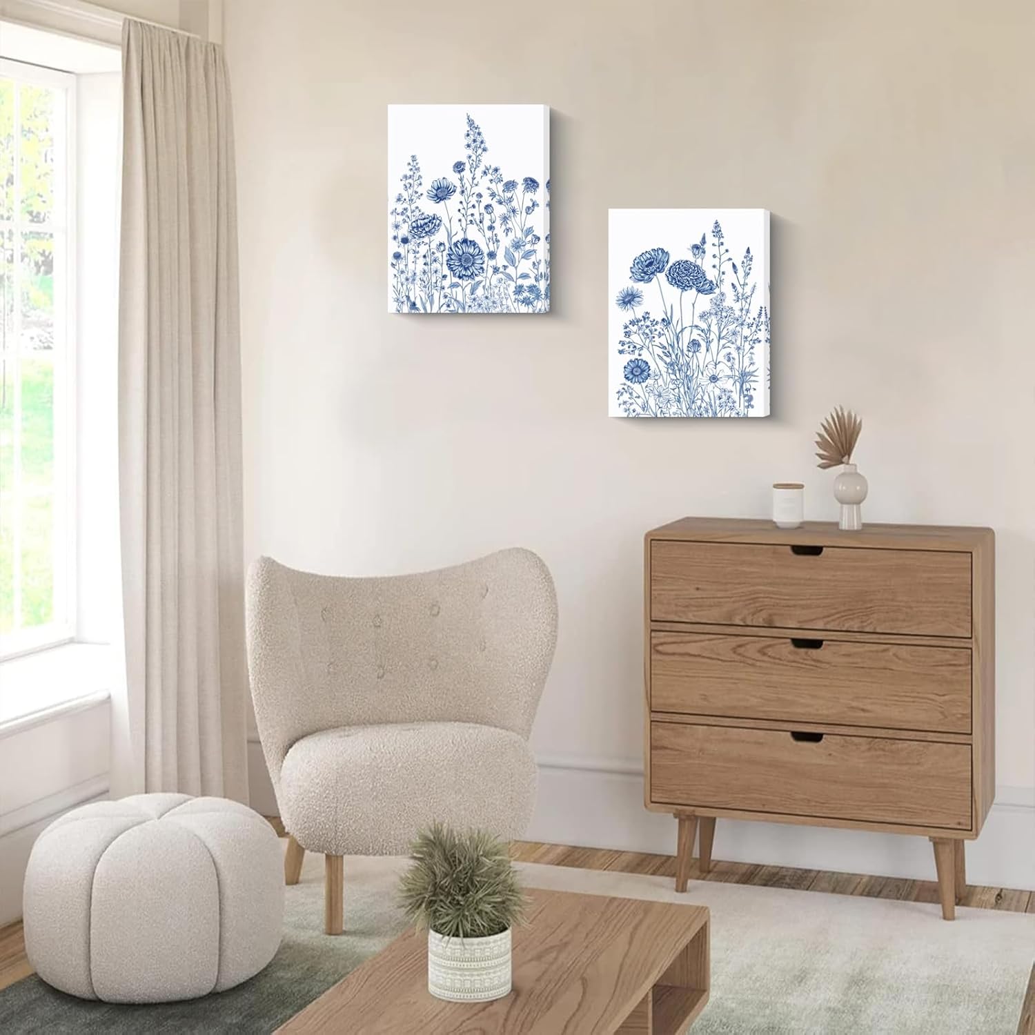 Blue Floral Wall Art Set of 3, Chinoiserie Wildflower Canvas Prints, Framed Minimalist Botanical Wall Decor for Living Room Bedroom Bathroom, Ready to Hang 12x16 Inch