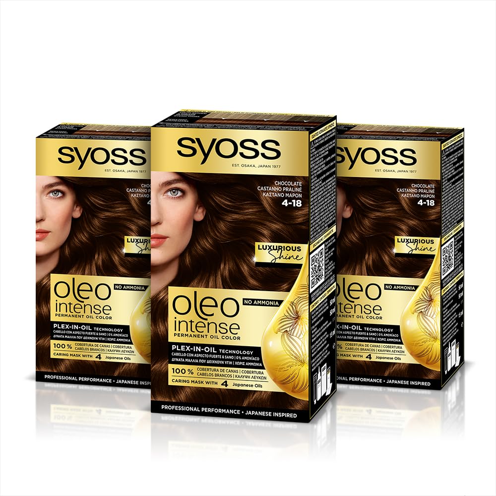 Syoss Oleo Intense - Tinte 4-18 Chocolate – Coloración permanente Sin Amoníaco – Cobertura profesional de canas – Resultados de peluquería (Pack De 3)