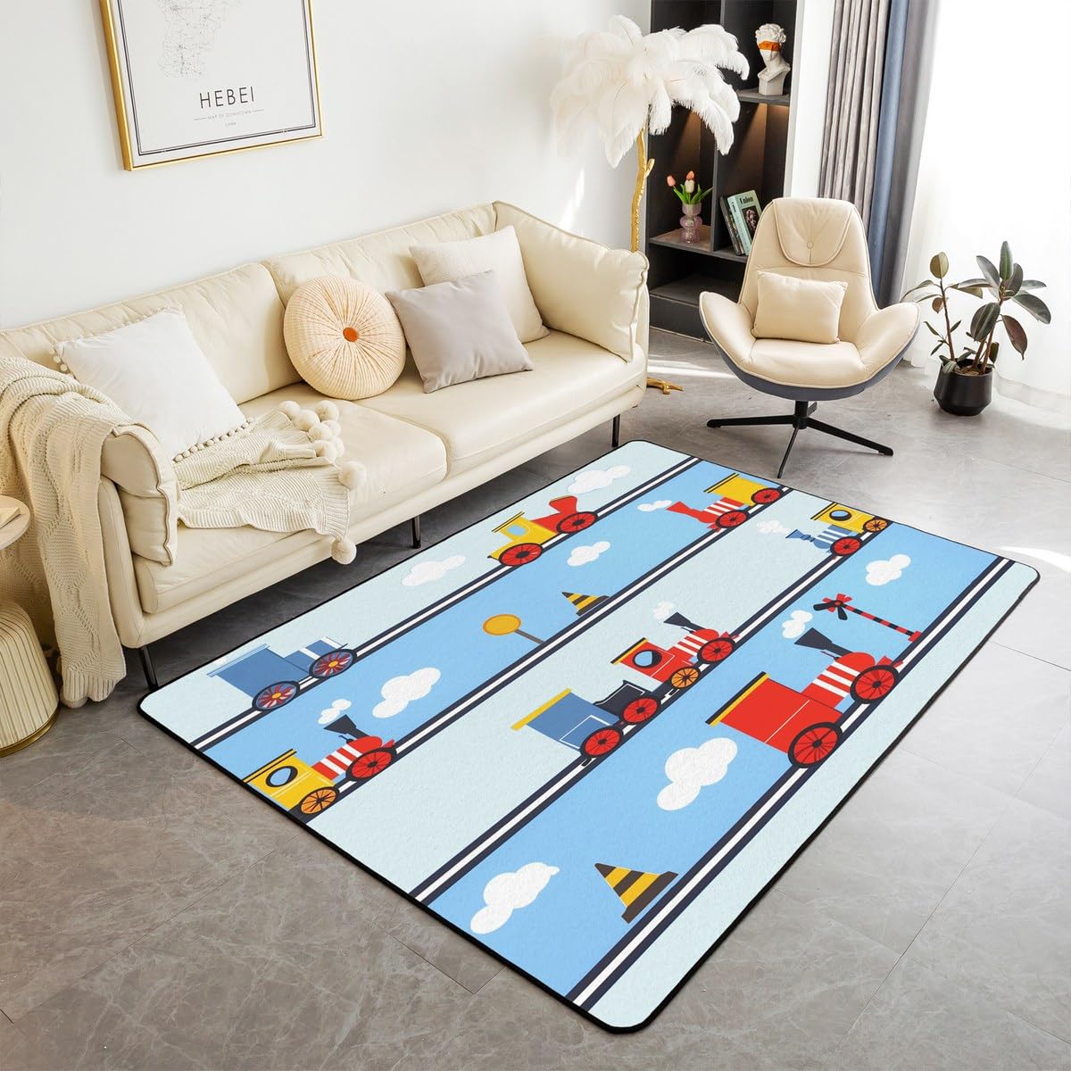 Homewish Dywan do pociągu 150 x 200 cm silnik parowy dywaniki do salonu dla dzieci nastolatków chłopców retro tory kolejowe transport niebieski czerwony dekoracyjny dywan antypoślizgowa wewnętrzna