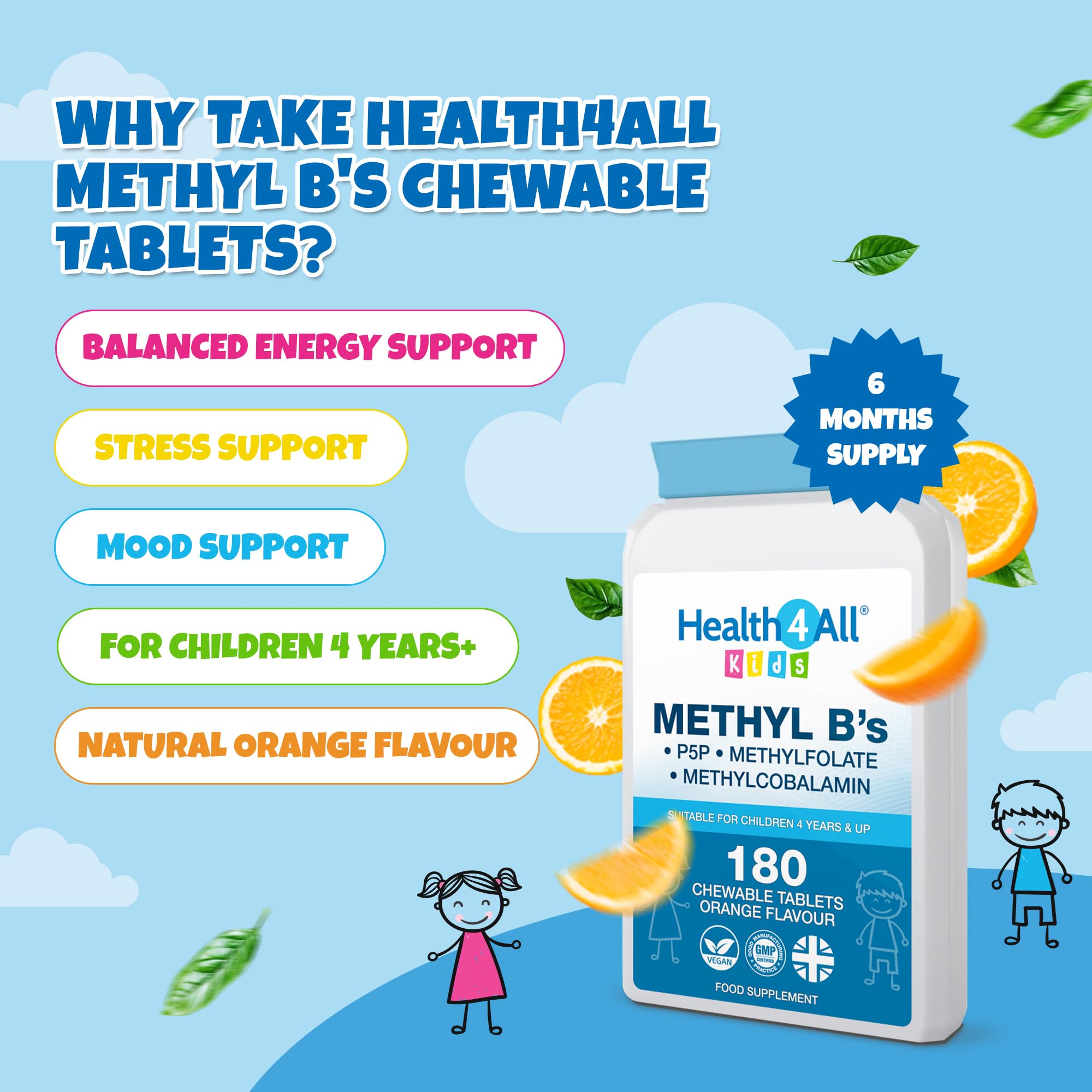 Health4All Kids Methyl B's 180 Chewable Tablets (6 Months Supply), Stress & Mood Support for Children 4+, Methylated B Vitamins B12 Methylcobalamin, 5-Methylfolate & Vitamin B6 P5P, Vegan | Made in UK
