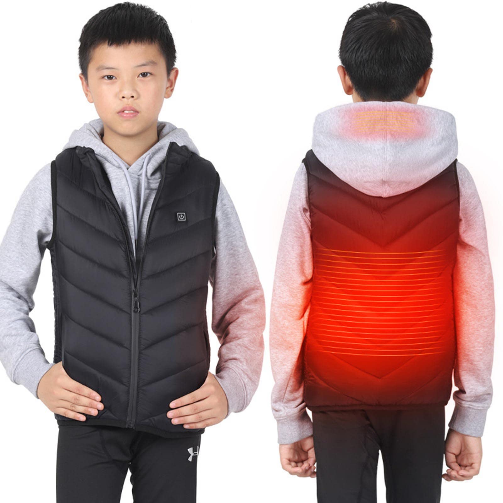 Gilet Chauffante USB Enfants Veste Chauffant avec 3 Zones de Chauffage Blouson Sans Manche Manteau avec 3 Température Réglable Outerwear Hiver Thermique Imperméable Vêtements pour Camping Ski Moto