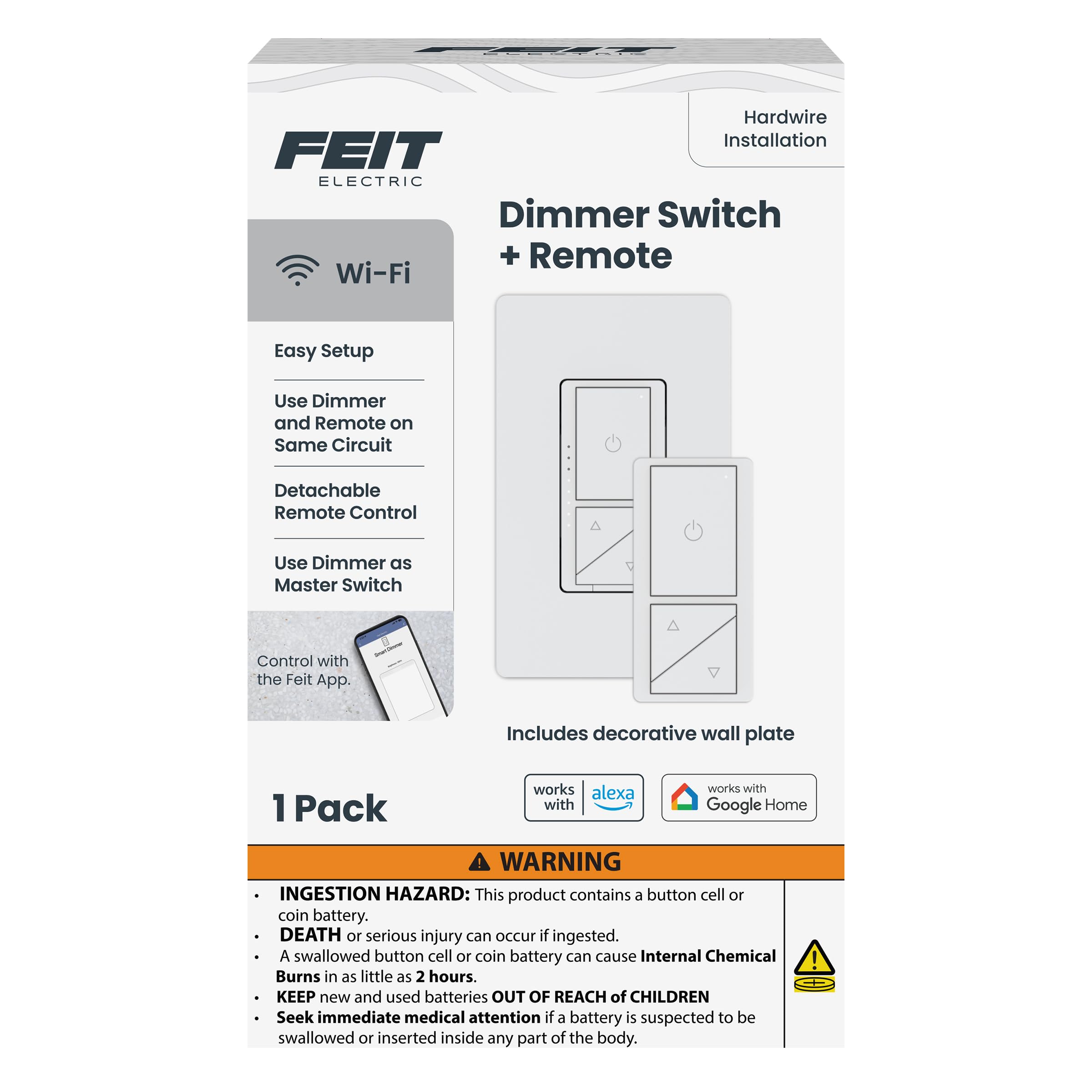 Feit Electric Smart WiFi Dimmer Switch with Remote, Single-Pole and 3-Way, Voice Control with Alexa & Google Asst, Wireless Wall-Mount Remote, App Control, Neutral Wire Required Button Dimmer White