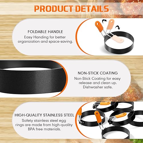 Miniatura 5 de Patelai Juego de anillos profesionales para panqueques de acero inoxidable, anillos de huevo frito, plancha con mango de silicona naranja para