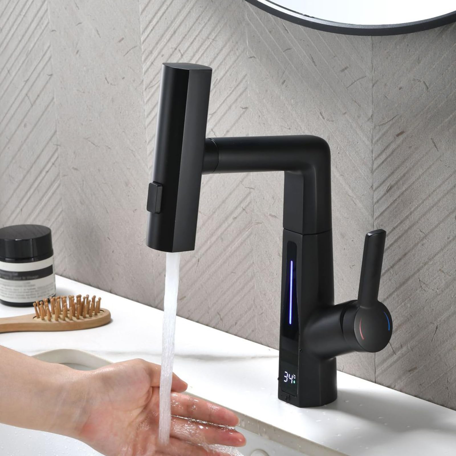 Robinet de salle de bain cascade au design noir mat premium avec affichage digital