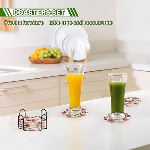 Miniatura 7 de Roses Flowers Coasters for Drinks Set of 6 Cotton Drink Coasters Absorbent for Coffee Table Office Desk New Home Decor