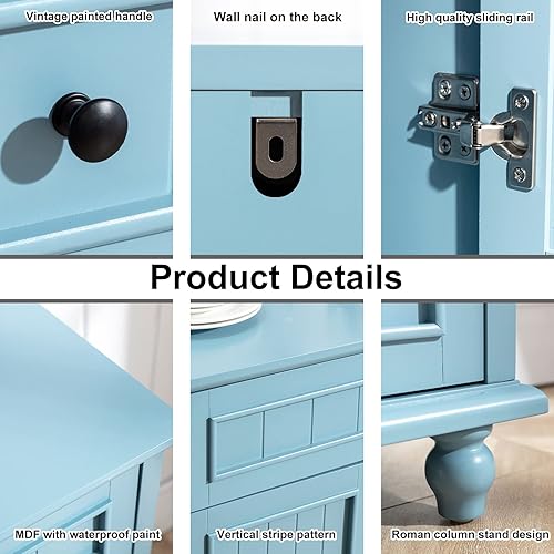 Miniatura 5 de UEV Gabinete de bufé, gabinete de cocina con almacenamiento, aparador azul con 2 puertas y cajones, mesa de consola de bufé para comedor, cocina y