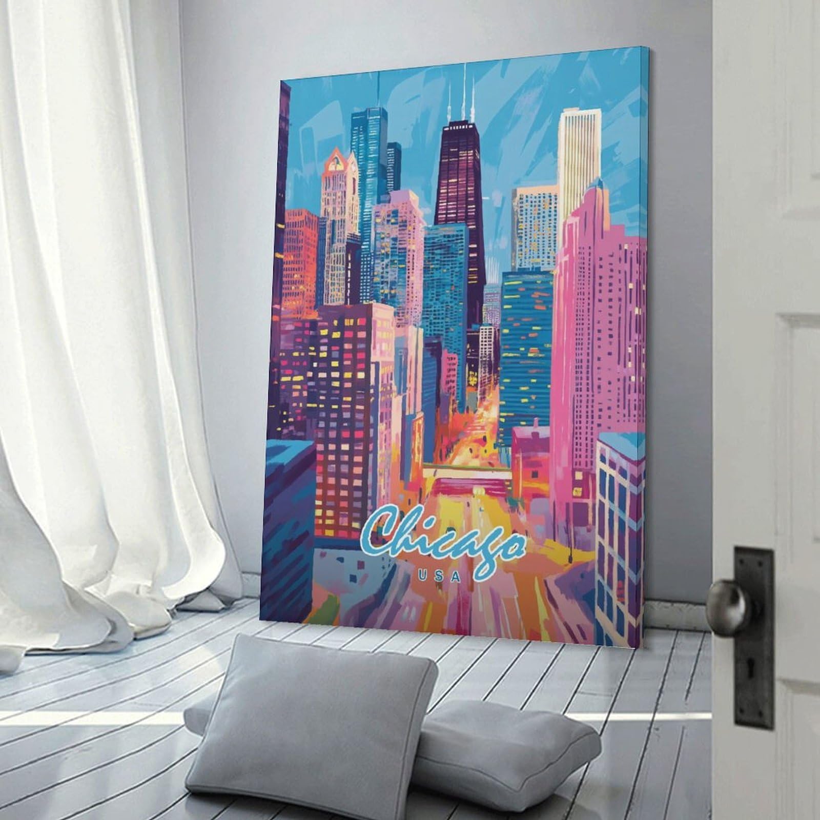 Junmoney Wall Decor Canvas Print Chicago Skyline Art Print, 12x18inch(30x45cm), for Bedroom Walls, Guest Spaces Or Lounges, An Easy Wall Refresh for Bedrooms